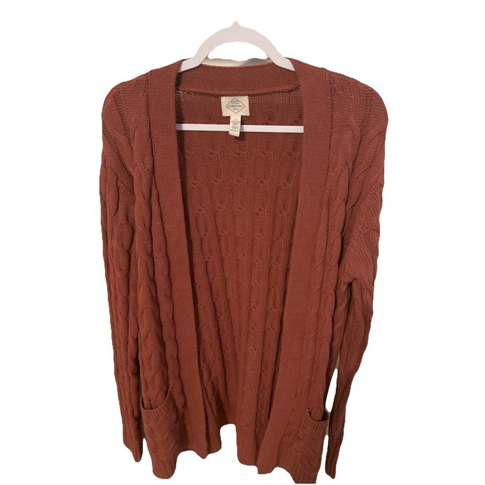 St Johns Bay Cardigan Womens Open Knit Sweater Front Pockets Cotton Brown